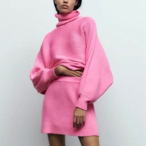 ZARA Bubblegum Pink Matching Crop Turtleneck Skirt Knit Set - Picture 1 of 10